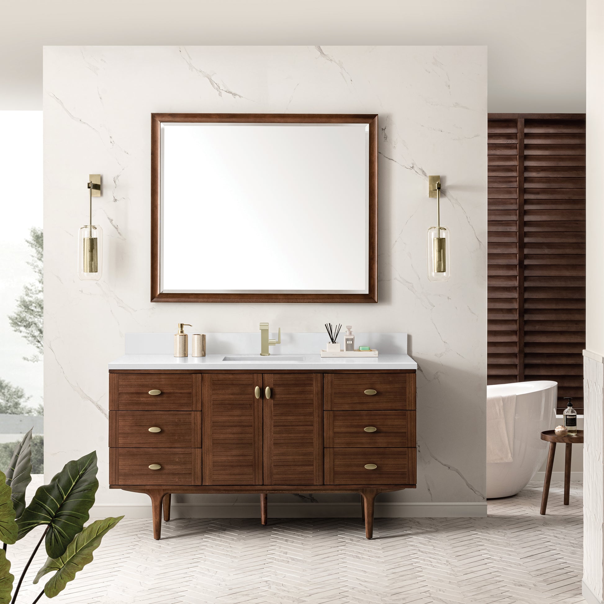 Renovate for Less Atlanta Amberly 60" Single Vanity, Mid-Century Walnut w/ Single Hole 3 CM White Zeus Top & Backsplash