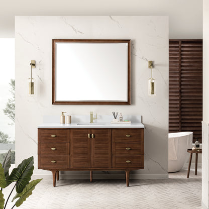 Renovate for Less Atlanta Amberly 60" Single Vanity, Mid-Century Walnut w/ Single Hole 3 CM White Zeus Top & Backsplash