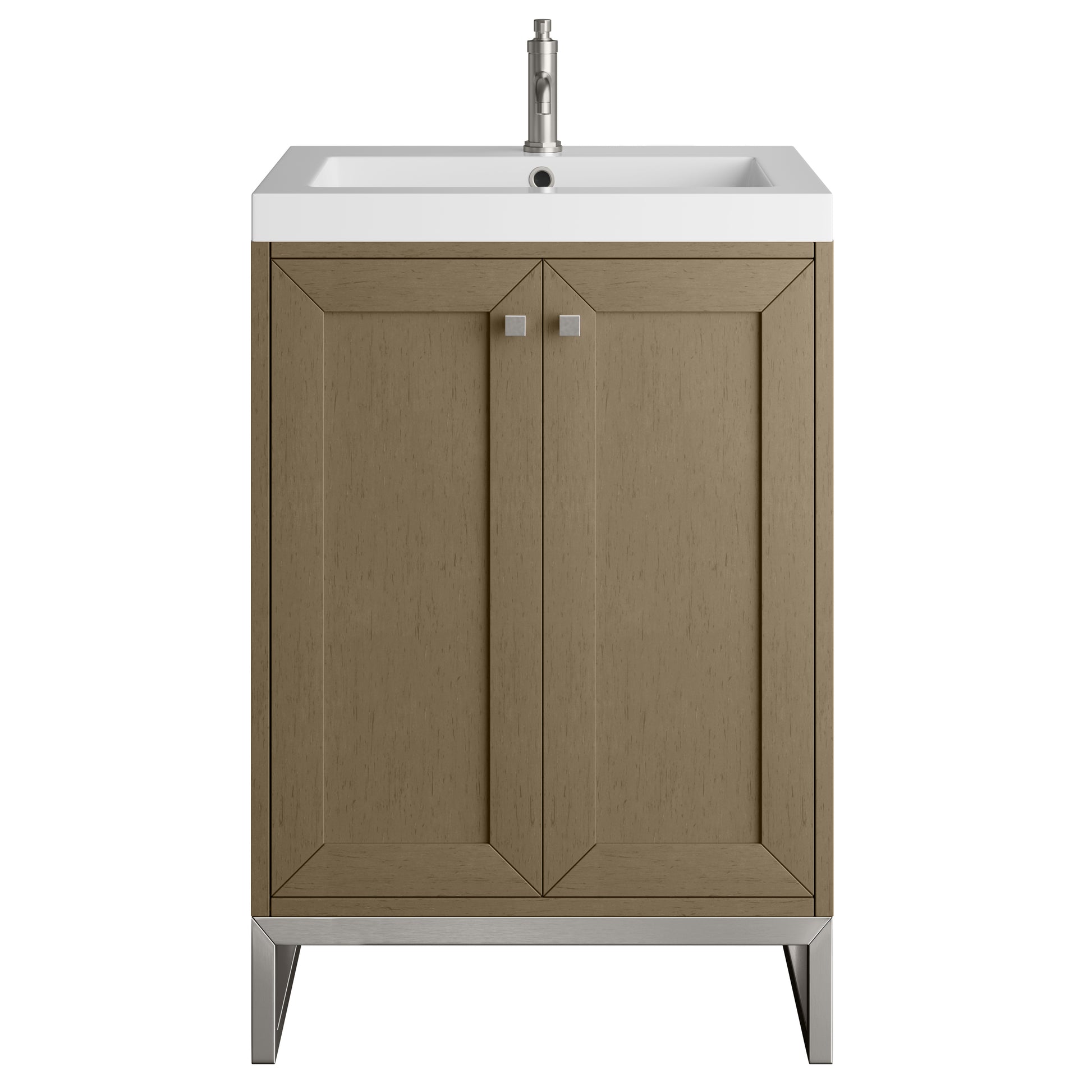 Renovate for Less Atlanta Chianti 24" Single Vanity, Walnut Whisper, Brushed Nickel, w/ White Glossy Composite Stone Top