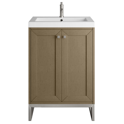 Renovate for Less Atlanta Chianti 24" Single Vanity, Walnut Whisper, Brushed Nickel, w/ White Glossy Composite Stone Top