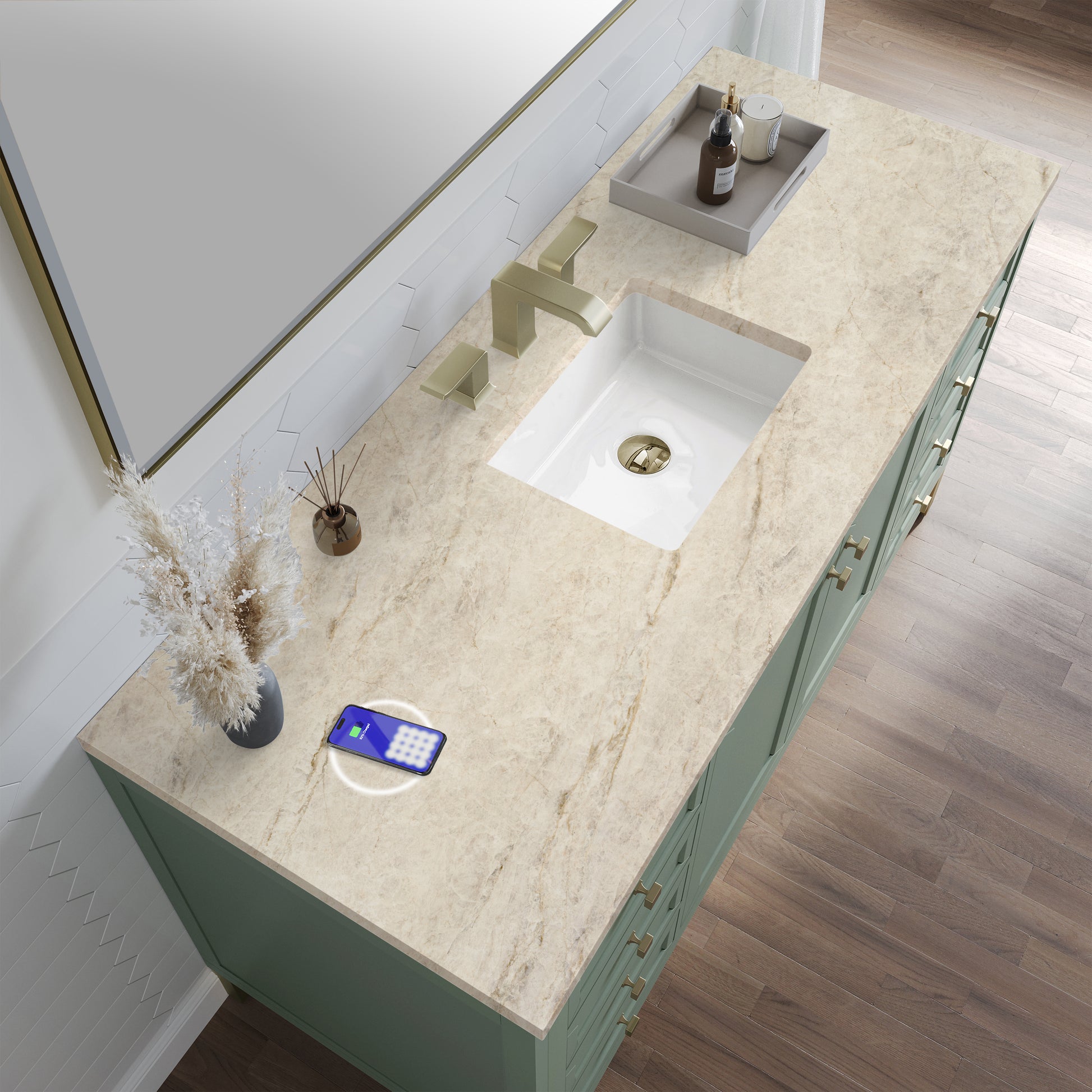 Renovate for Less Atlanta Chicago 60" Single Vanity, Smokey Celadon, w/ 3 CM Tajnar Eclos Top w/FreePower Wireless Charger