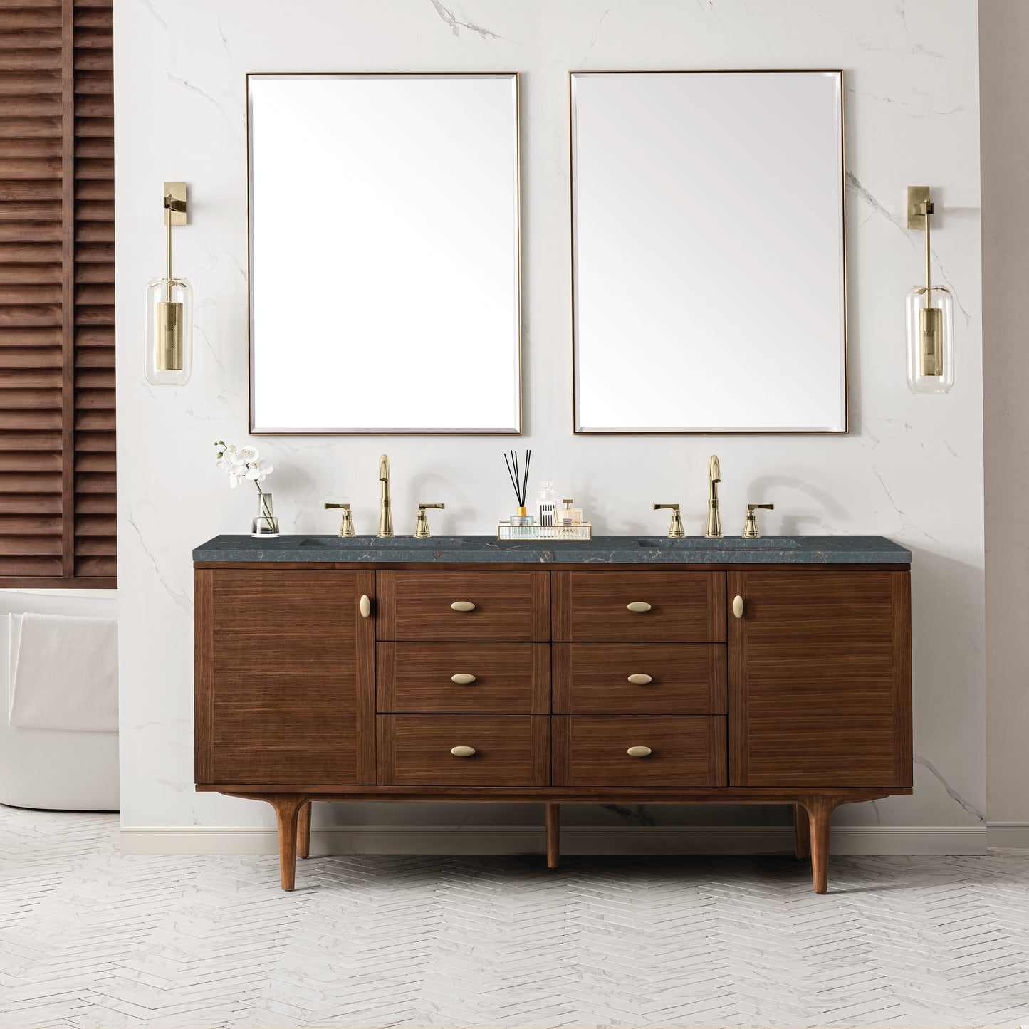 Renovate for Less Atlanta Amberly 72" Double Vanity, Mid-Century Walnut w/ 3 CM Parisien Bleu Top w/FreePower Wireless Charger