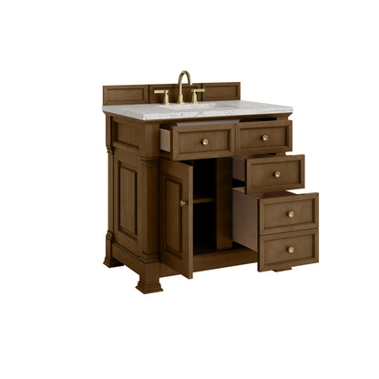 Renovate for Less Atlanta Brookfield 36" Single Vanity, Honey Oak w/ 3 CM Eternal Jasmine Pearl Silestone Top
