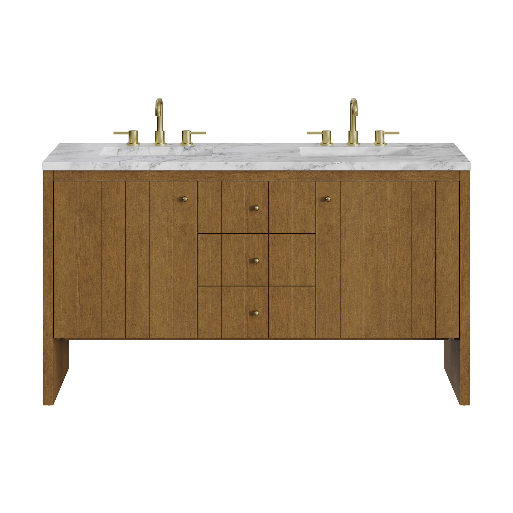 Renovate for Less Atlanta Hudson 60" Double Vanity, Honey Oak w/ 3 CM Carrara Marble Top