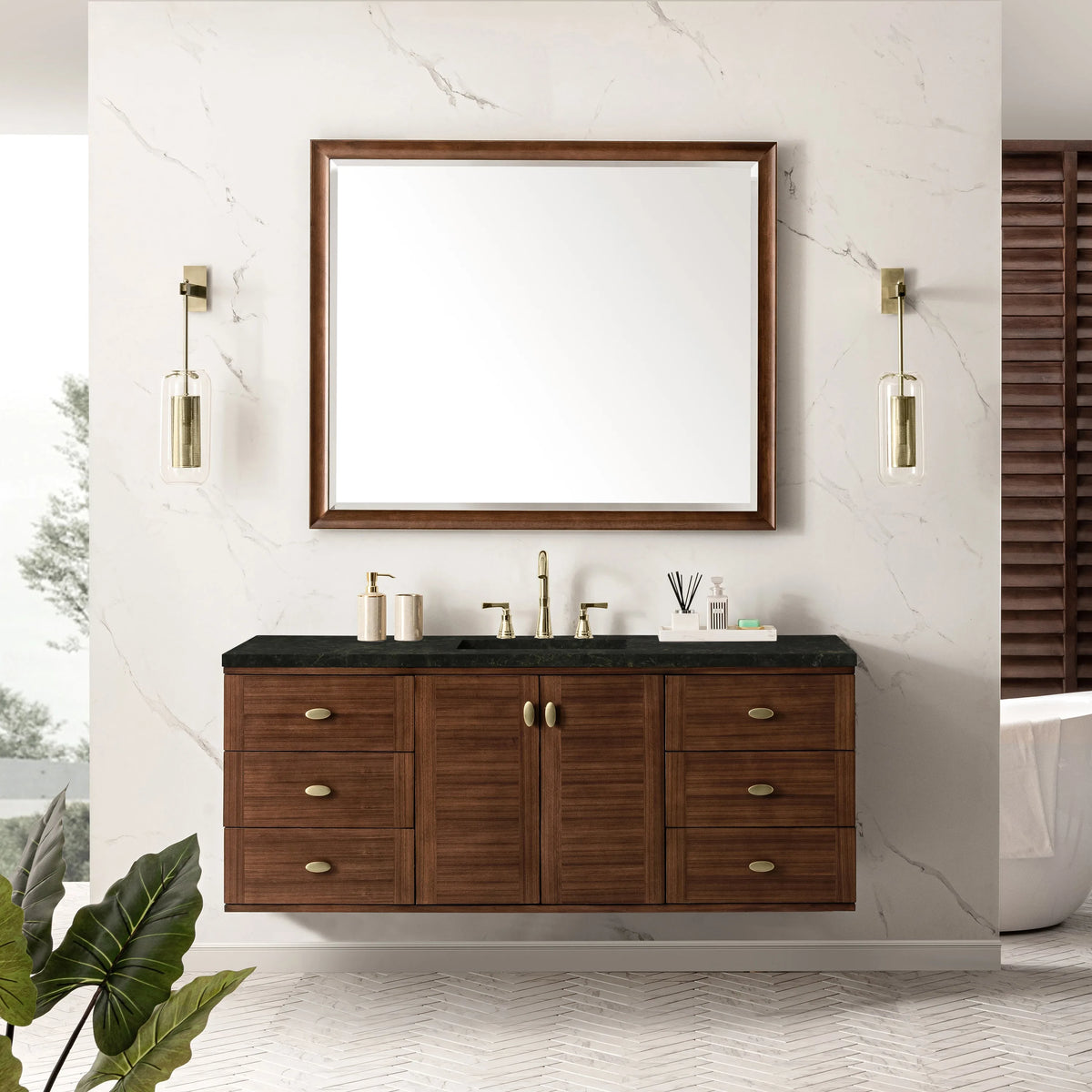 Amberly 60" Single Vanity, Mid-Century Walnut, w/ 3 CM Phantome Eclos Top