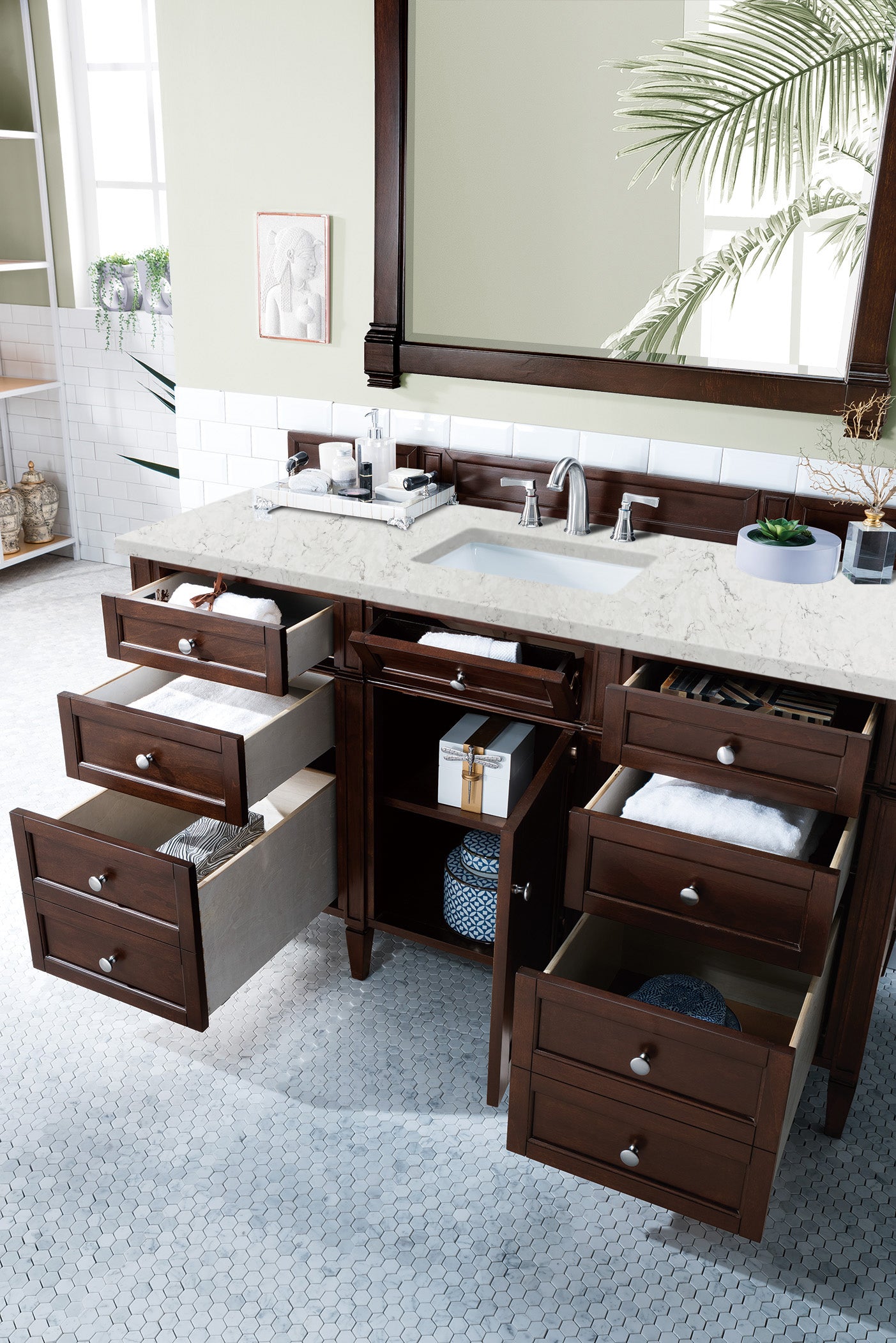 Renovate for Less Atlanta Brittany 60" Single Vanity, Burnished Mahogany w/ 3 CM Eternal Jasmine Pearl Silestone Top w/FreePower Wireless Charger