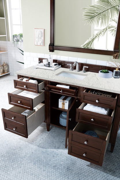 Renovate for Less Atlanta Brittany 60" Single Vanity, Burnished Mahogany w/ 3 CM Eternal Jasmine Pearl Silestone Top w/FreePower Wireless Charger