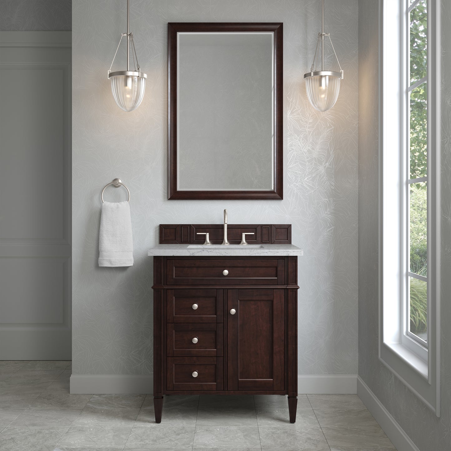 Renovate for Less Atlanta Brittany 30" Single Vanity, Burnished Mahogany, w/ 3 CM Eternal Jasmine Pearl Silestone Top