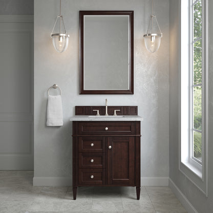 Renovate for Less Atlanta Brittany 30" Single Vanity, Burnished Mahogany, w/ 3 CM Eternal Jasmine Pearl Silestone Top