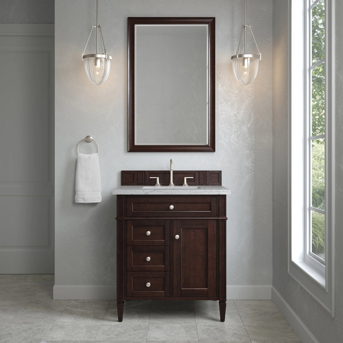 Brittany 30" Single Vanity, Burnished Mahogany, w/ 3 CM Eternal Jasmine Pearl Silestone Top