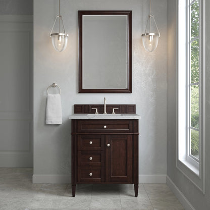 Brittany 30" Single Vanity, Burnished Mahogany, w/ 3 CM Eternal Jasmine Pearl Silestone Top