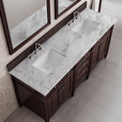 Renovate for Less Atlanta Brittany 72" Double Vanity, Burnished Mahogany w/ 3 CM Carrara Marble Top