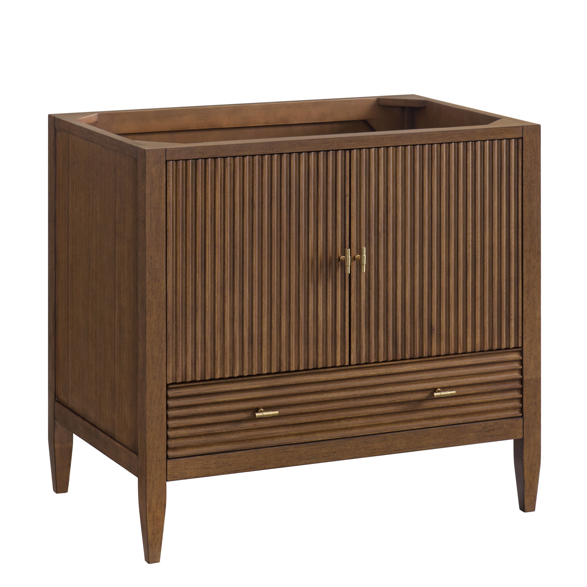 Renovate for Less Atlanta Myrrin 36" Vanity, Mid Century Walnut w/ 3 CM White Zeus Silestone Top