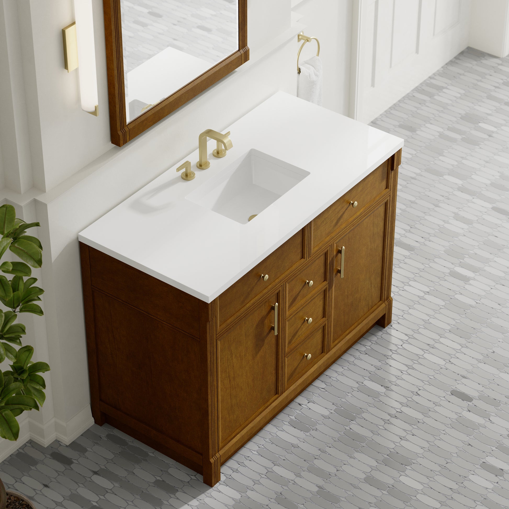 Renovate for Less Atlanta Bellshire 48" Single Vanity, Honey Oak w/ 3 CM White Zeus Silestone Top