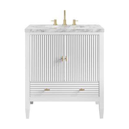 Renovate for Less Atlanta Myrrin 30" Single Vanity, Bright White w/ 3 CM Carrara Marble Top