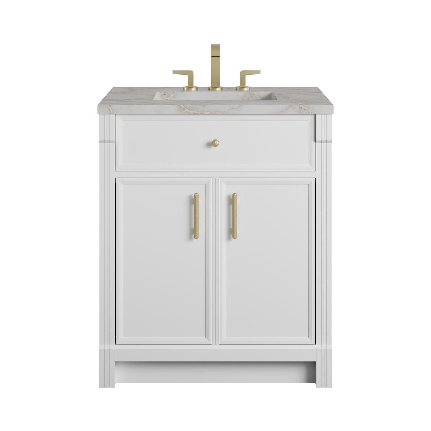 Renovate for Less Atlanta Bellshire 30" Single Vanity, Bright White w/ 3 CM Victorian Silver Silestone Top