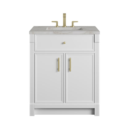Renovate for Less Atlanta Bellshire 30" Single Vanity, Bright White w/ 3 CM Victorian Silver Silestone Top