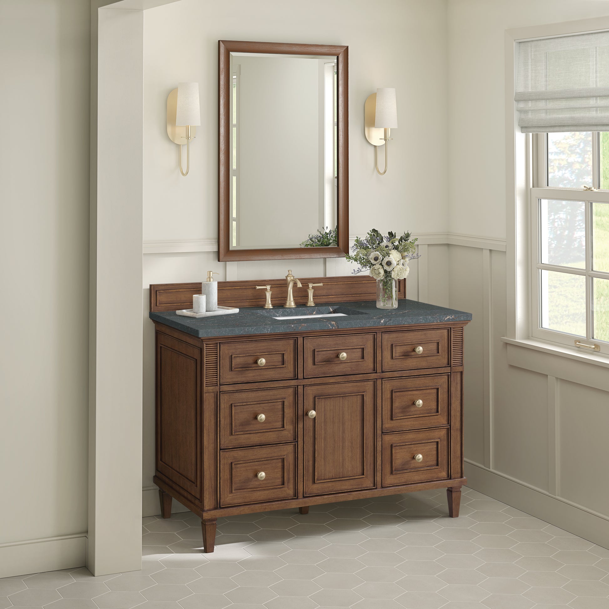 Renovate for Less Atlanta Lorelai 48" Single Vanity, Mid-Century Walnut w/ 3 CM Parisien Bleu Silestone Top
