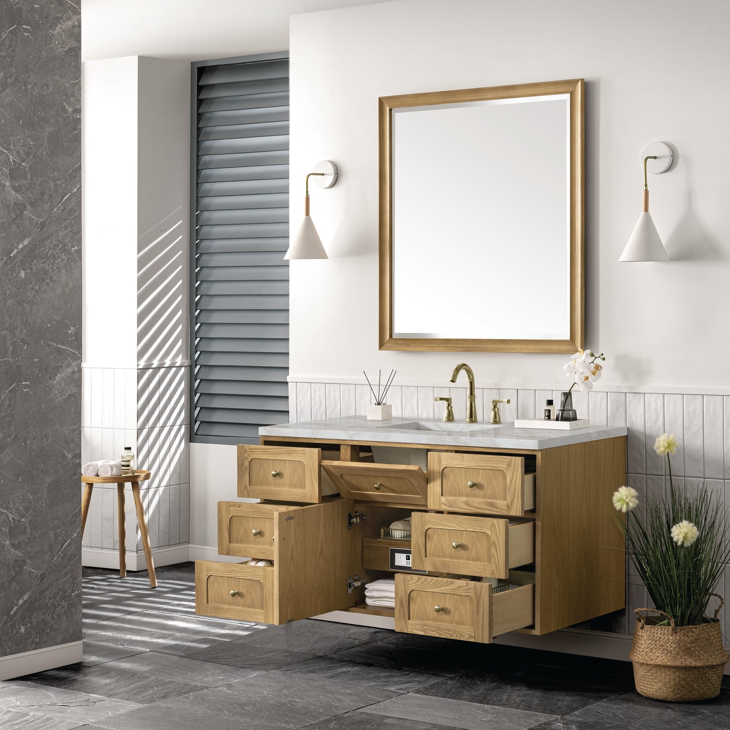 Renovate for Less Atlanta Laurent 48" Single Vanity, Light Natural Oak w/ 3 CM Victorian Silver Top w/FreePower Wireless Charger