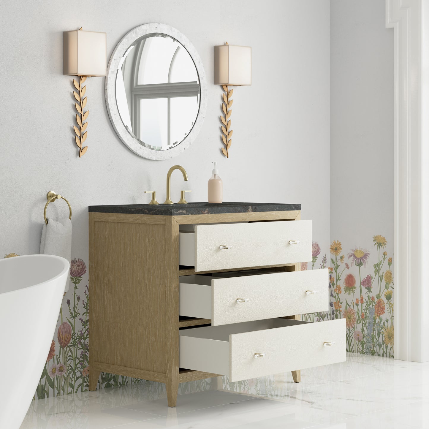 Renovate for Less Atlanta Celeste 36" Single Vanity, Sunwashed Oak with Embossed Shagreen w/ 3 CM Parisien Bleu Silestone Top