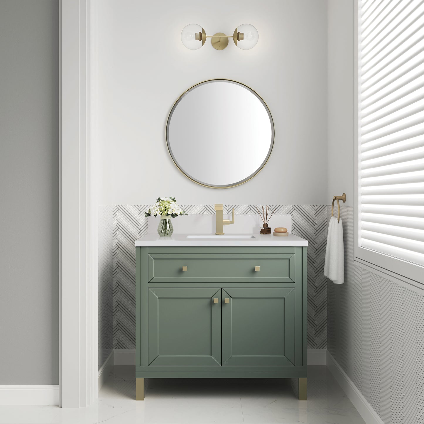 Renovate for Less Atlanta Chicago 36" Single Vanity, Smokey Celadon, w/ Single Hole 3CM White Zeus Silestone® Top & Backsplash