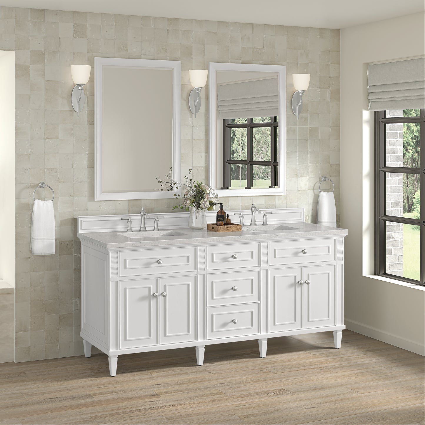 Renovate for Less Atlanta Lorelai 72" Double Vanity, Bright White w/ 3 CM Eternal Jasmine Pearl Silestone Top w/FreePower Wireless Charger