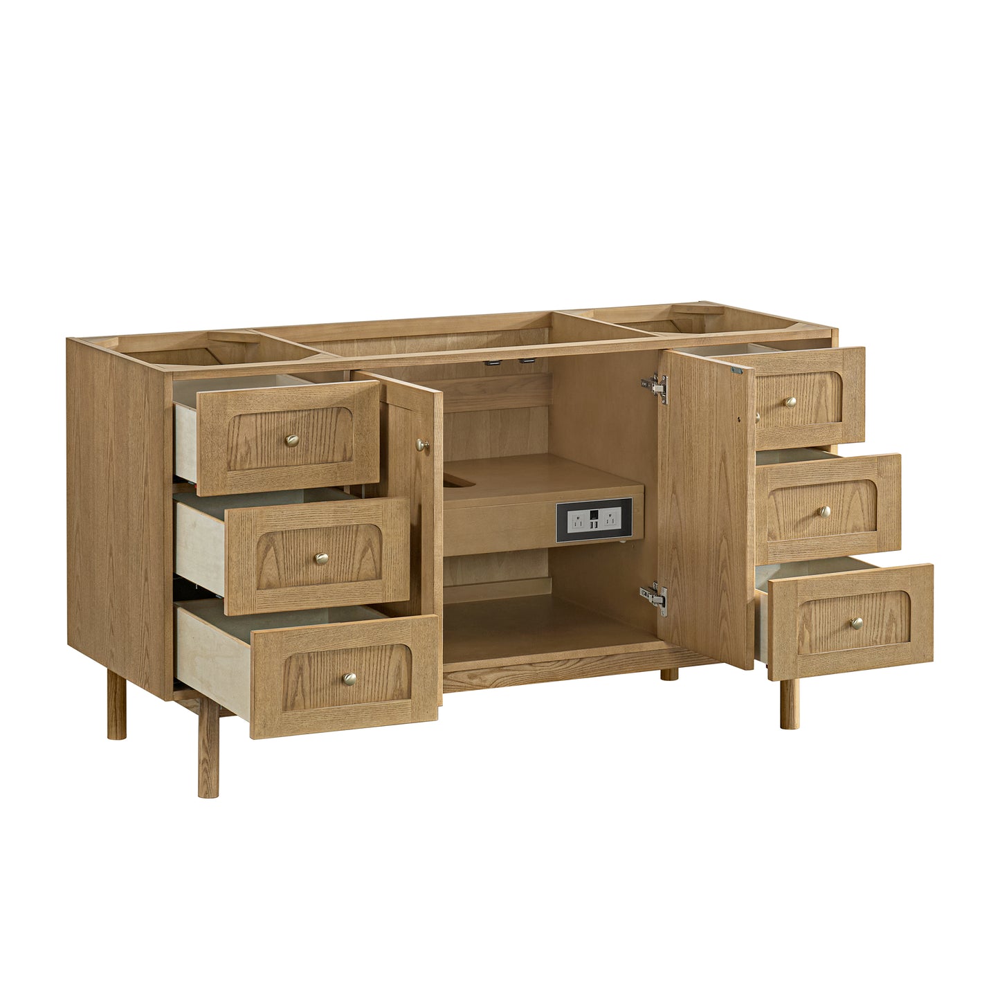 Renovate for Less Atlanta Laurent 60" Single Vanity, Light Natural Oak, w/ Single Hole 3 CM White Zeus Quartz Top & Backsplash