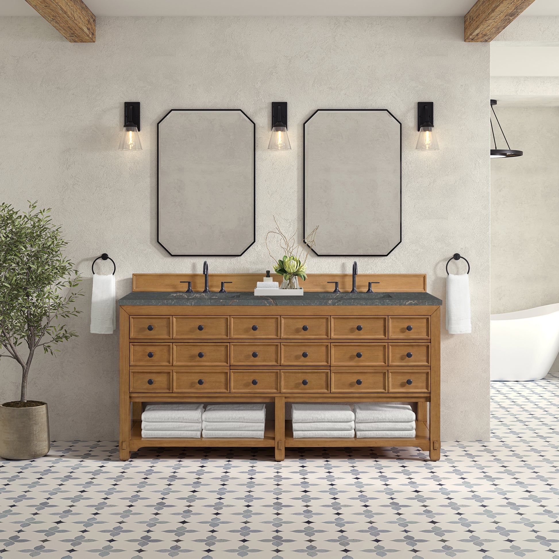 Renovate for Less Atlanta Malibu 72" Double Vanity, Amber Birch w/ 3 CM Parisien Bleu Top