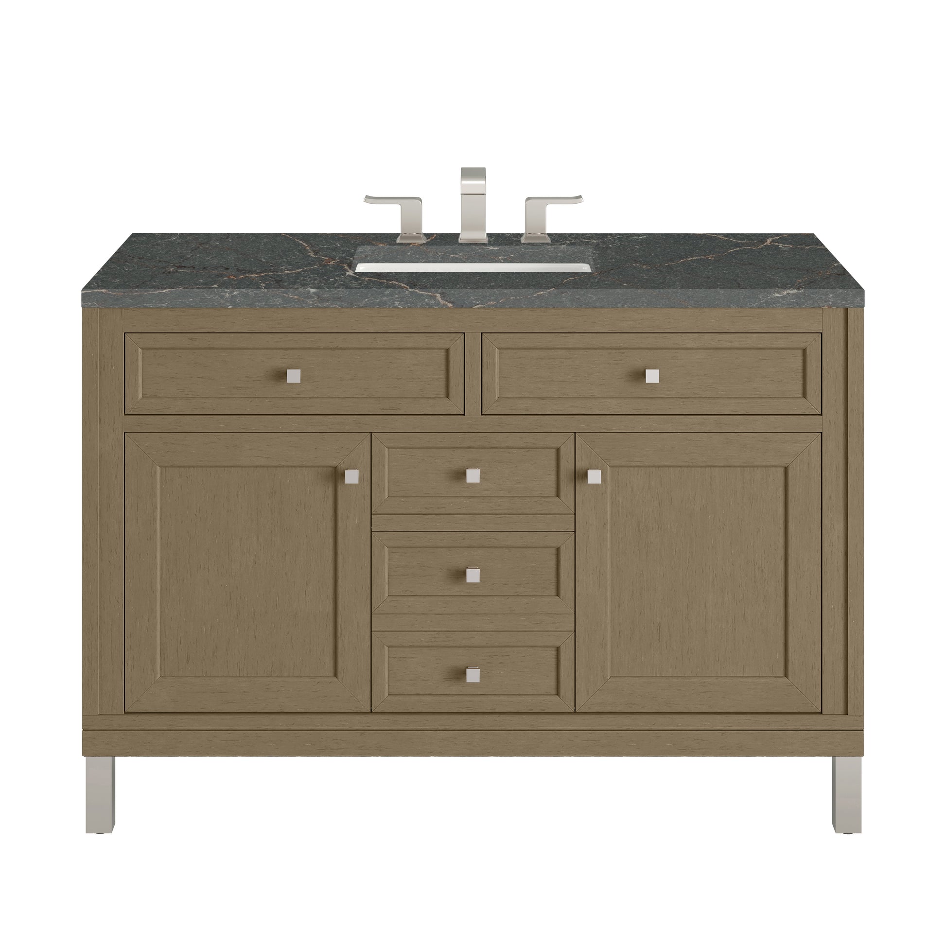 Renovate for Less Atlanta Chicago 48" Single Vanity, Walnut Whisper, w/ 3 CM Parisien Bleu Silestone® Top w/FreePower Wireless Charger