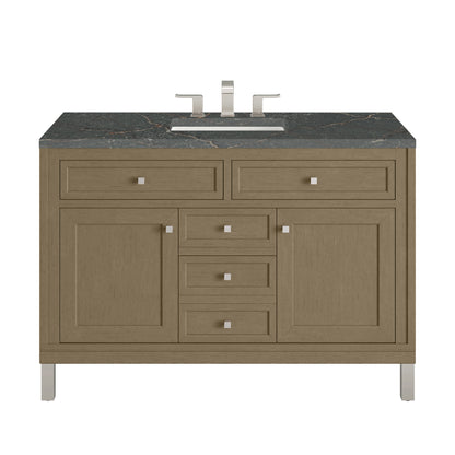 Renovate for Less Atlanta Chicago 48" Single Vanity, Walnut Whisper, w/ 3 CM Parisien Bleu Silestone® Top w/FreePower Wireless Charger