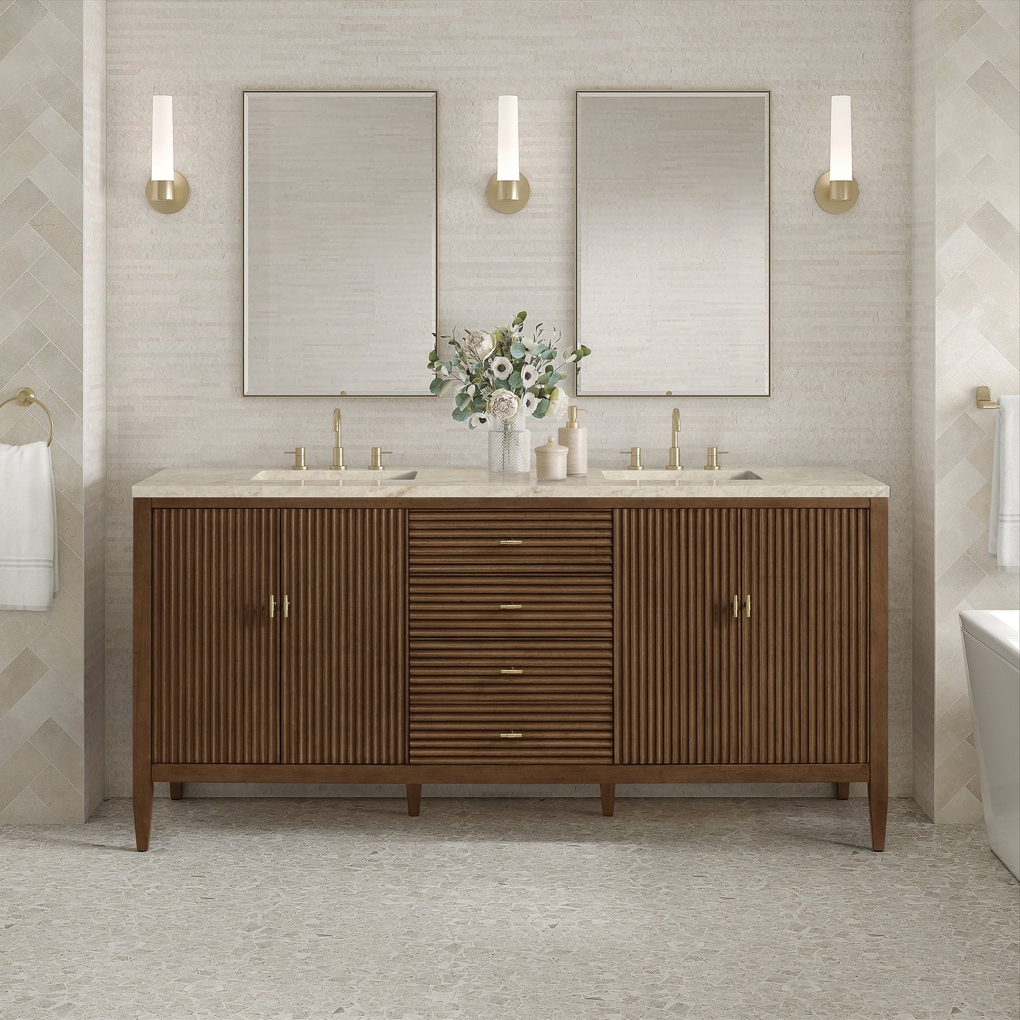 Renovate for Less Atlanta Myrrin 72" Vanity, Mid Century Walnut, w/ 3 CM Tajnar Eclos Top