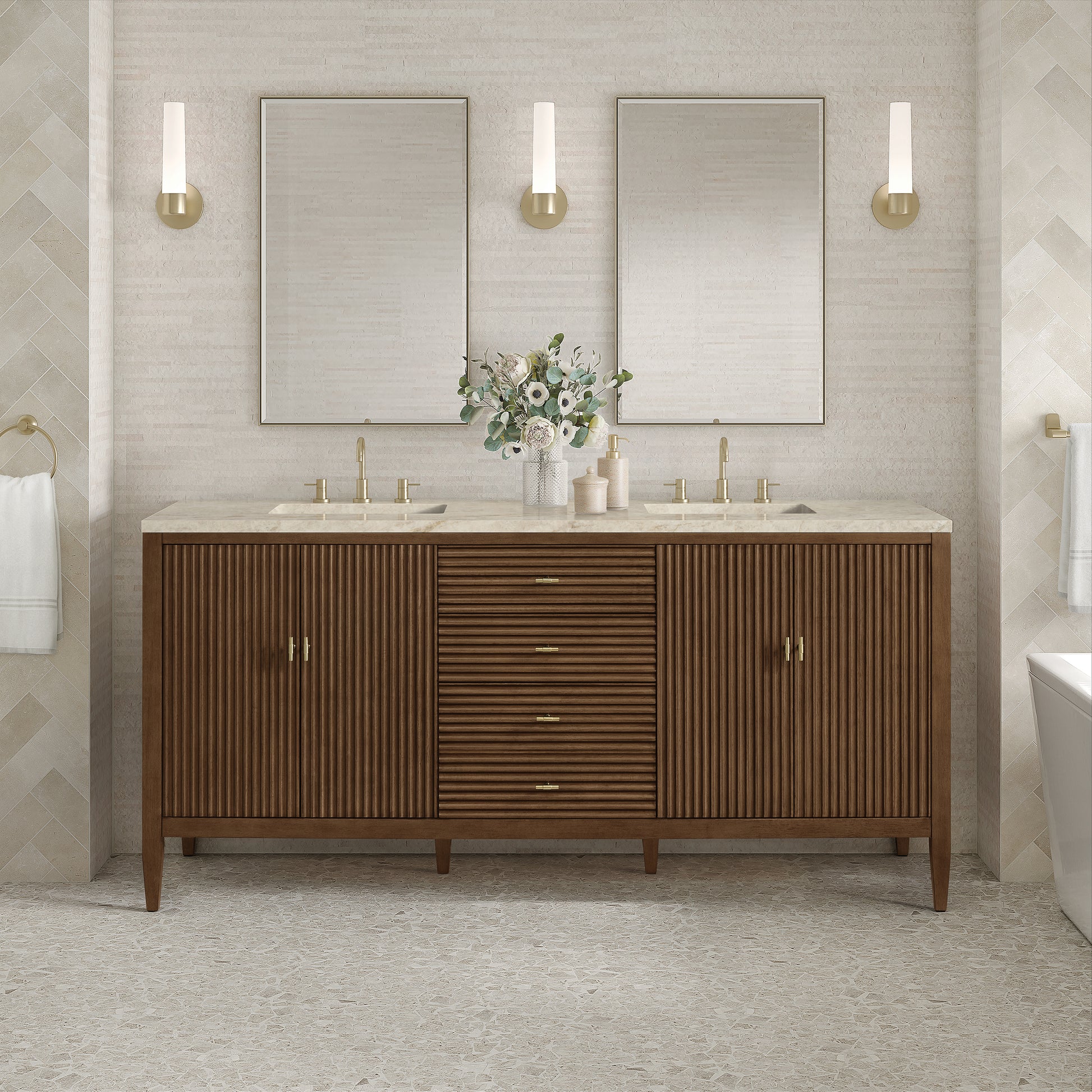 Renovate for Less Atlanta Myrrin 72" Vanity, Mid Century Walnut, w/ 3 CM Tajnar Eclos Top
