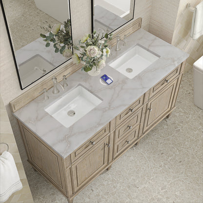Renovate for Less Atlanta Lorelai 60" Double Vanity, Whitewashed Oak w/ 3 CM Victorian Silver Silestone Top w/FreePower Wireless Charger