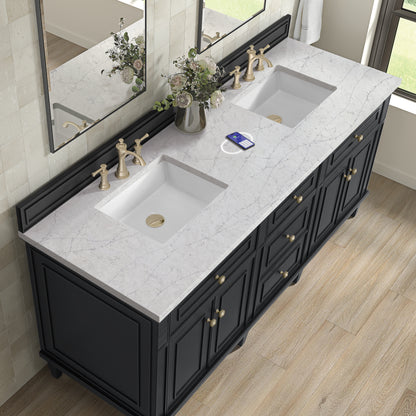 Renovate for Less Atlanta Lorelai 72" Double Vanity, Black Onyx w/ 3 CM Eternal Jasmine Pearl Silestone Top w/FreePower Wireless Charger