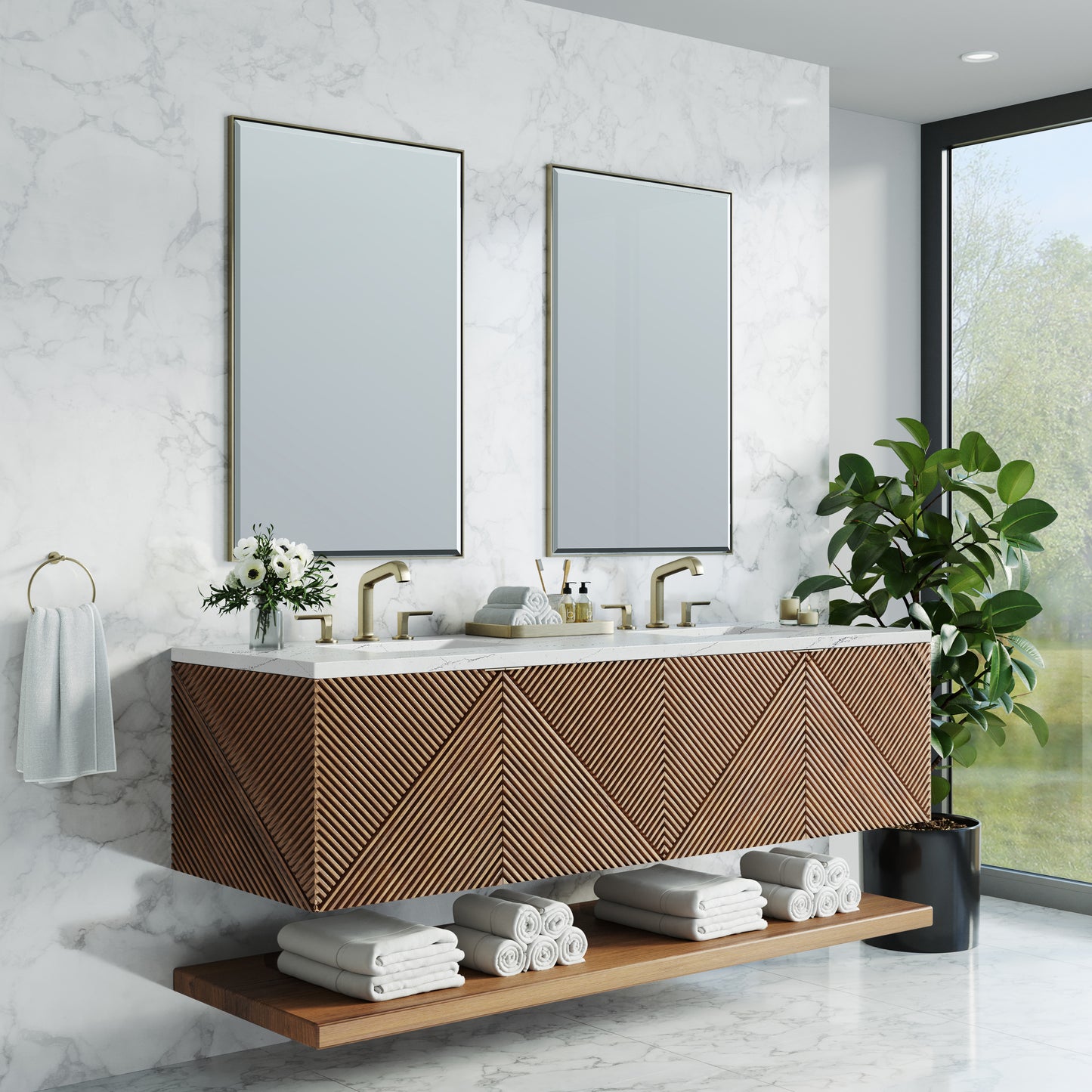 Renovate for Less Atlanta Marcello 72" Double Vanity, Chestnut w/ 3 CM Ethereal Noctis Top