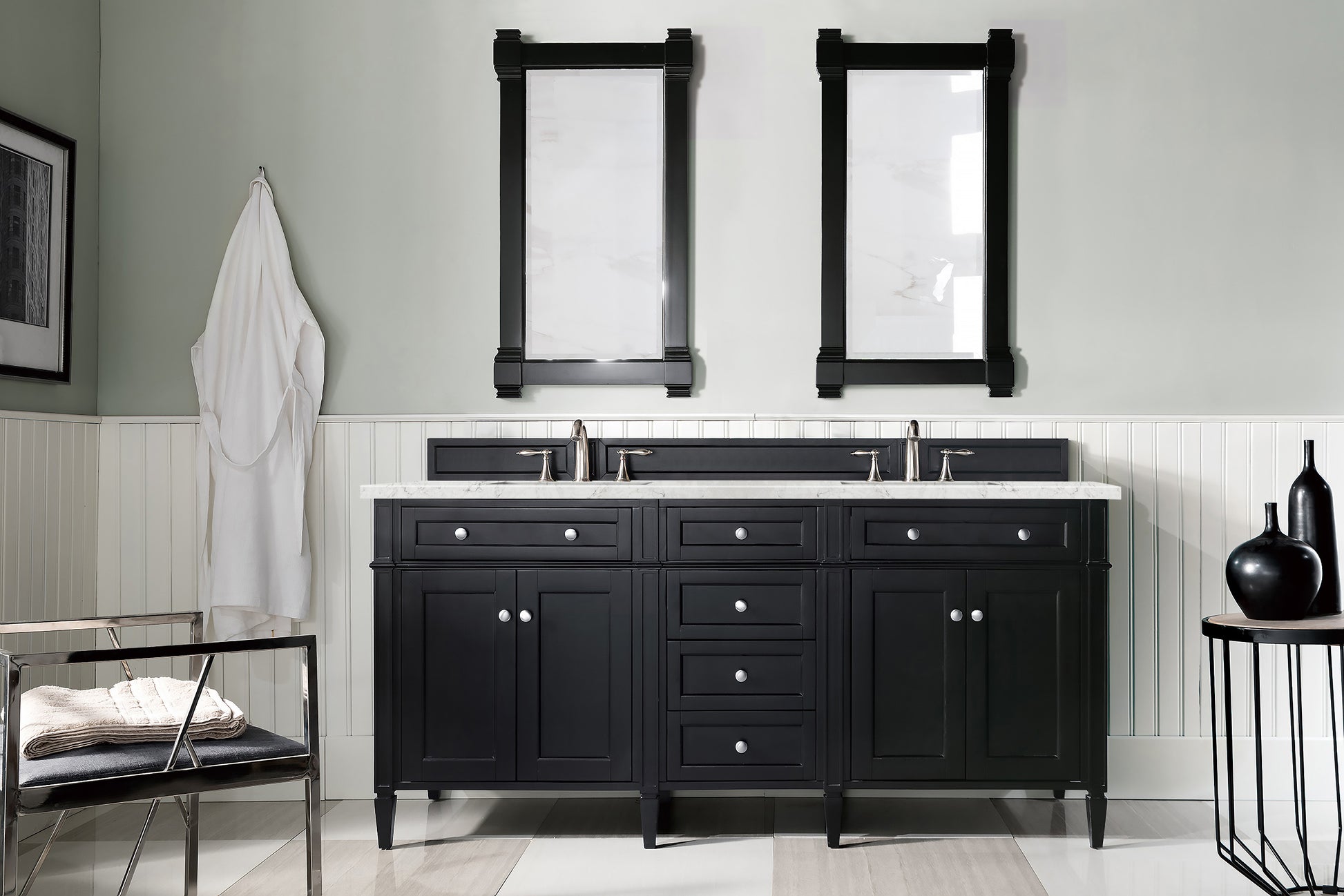 Renovate for Less Atlanta Brittany 72" Double Vanity, Black Onyx w/ 3 CM Eternal Jasmine Pearl Silestone Top w/FreePower Wireless Charger