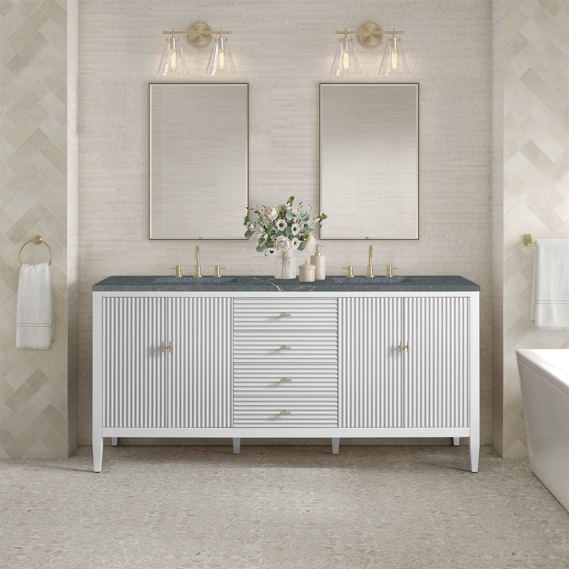 Renovate for Less Atlanta Myrrin 72" Double Vanity, Bright White w/ 3 CM Parisien Bleu Silestone Top w/FreePower Wireless Charger