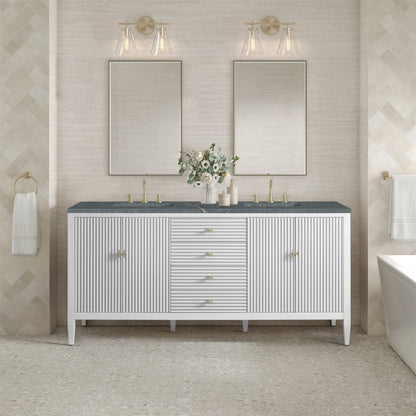 Renovate for Less Atlanta Myrrin 72" Double Vanity, Bright White w/ 3 CM Parisien Bleu Silestone Top w/FreePower Wireless Charger
