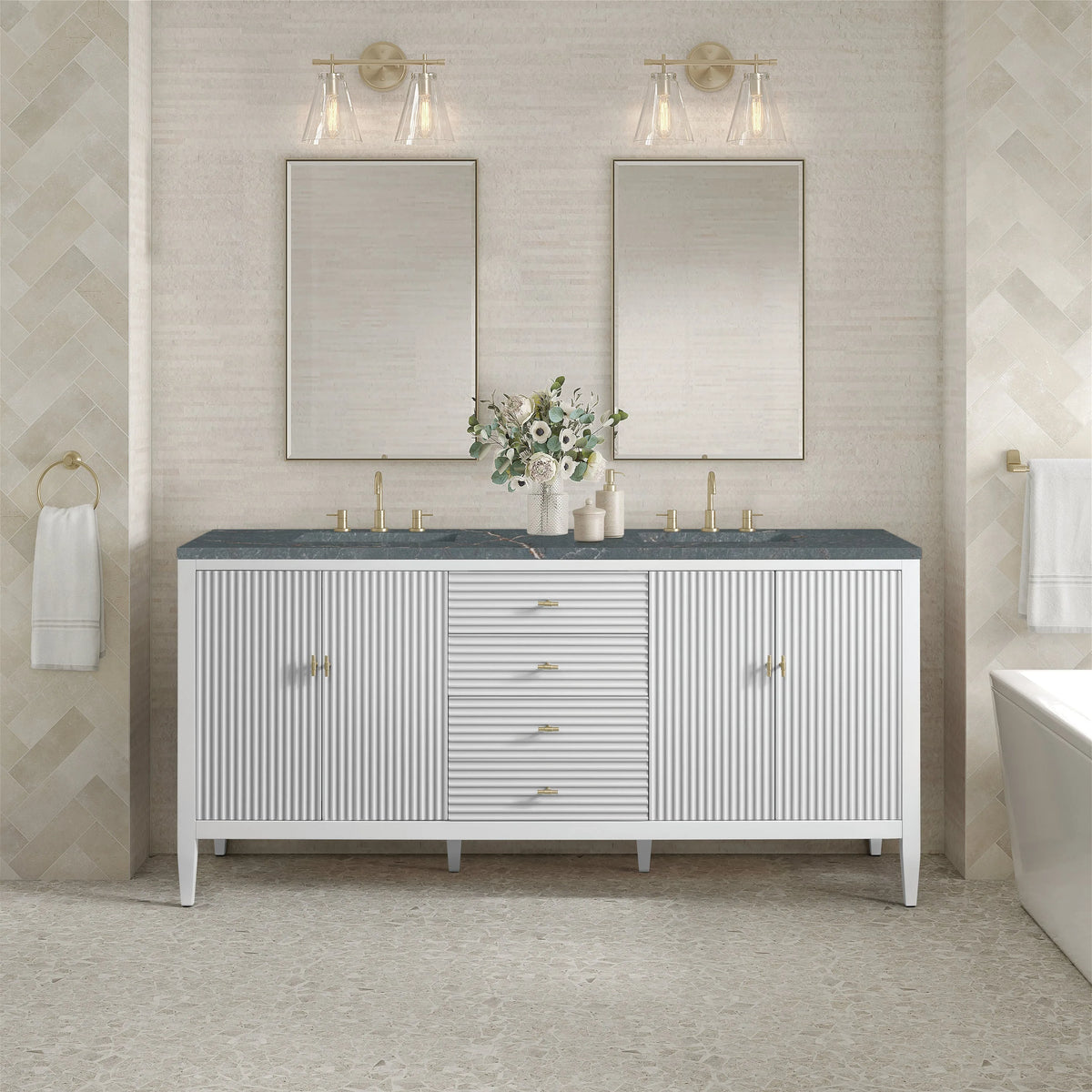 Myrrin 72" Double Vanity, Bright White w/ 3 CM Parisien Bleu Silestone Top
