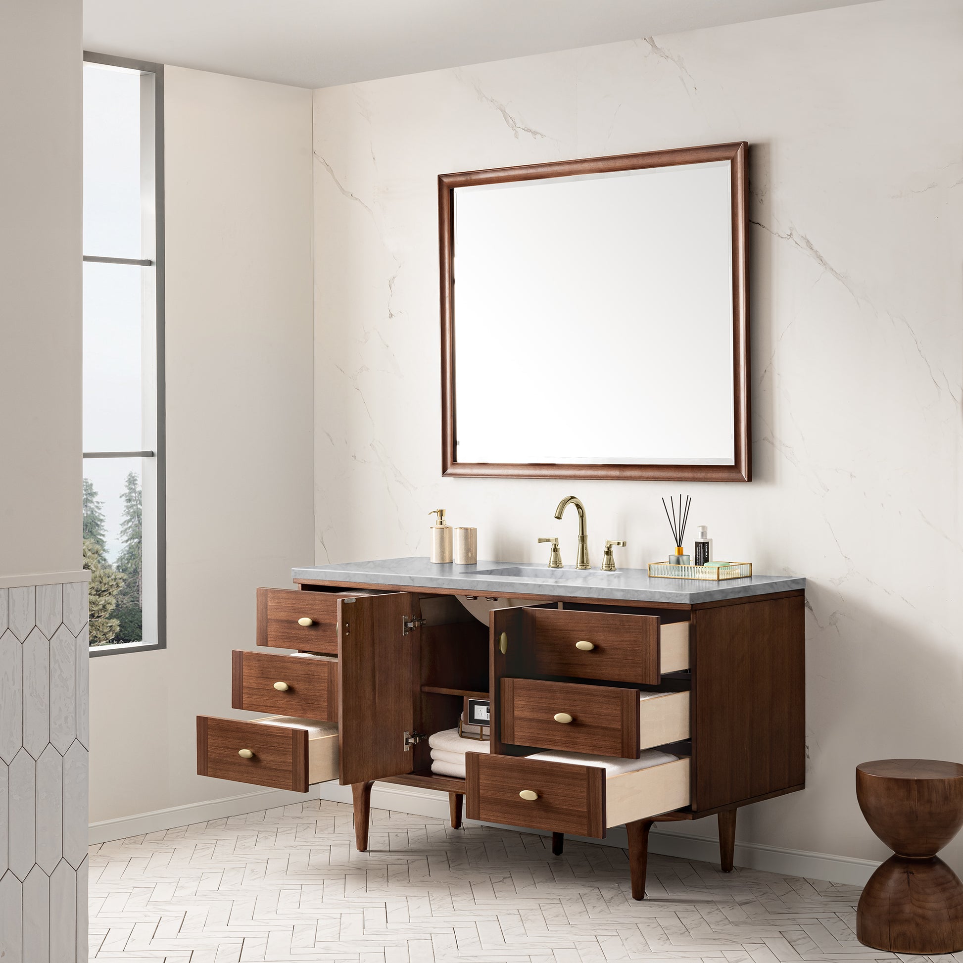 Renovate for Less Atlanta Amberly 60" Single Vanity, Mid-Century Walnut w/ 3 CM Carrara Marble Top