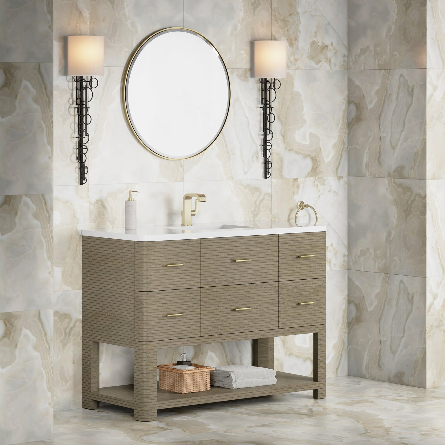 Renovate for Less Atlanta Lucian 48" Single Vanity, Pebble Oak w/ 3 CM White Zeus Silestone Top