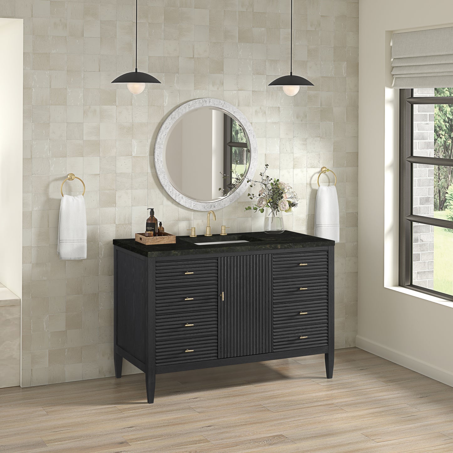 Renovate for Less Atlanta Myrrin 48" Single Vanity, Carbon Oak, w/ 3 CM Phantome Eclos Top