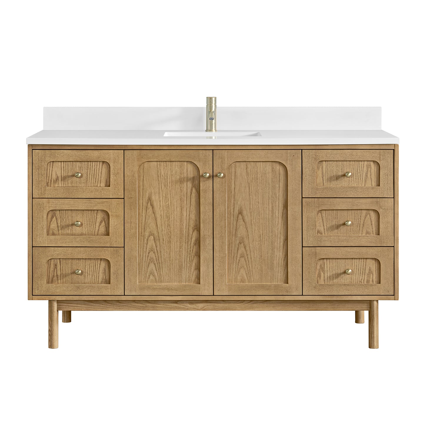 Renovate for Less Atlanta Laurent 60" Single Vanity, Light Natural Oak, w/ Single Hole 3 CM White Zeus Quartz Top & Backsplash
