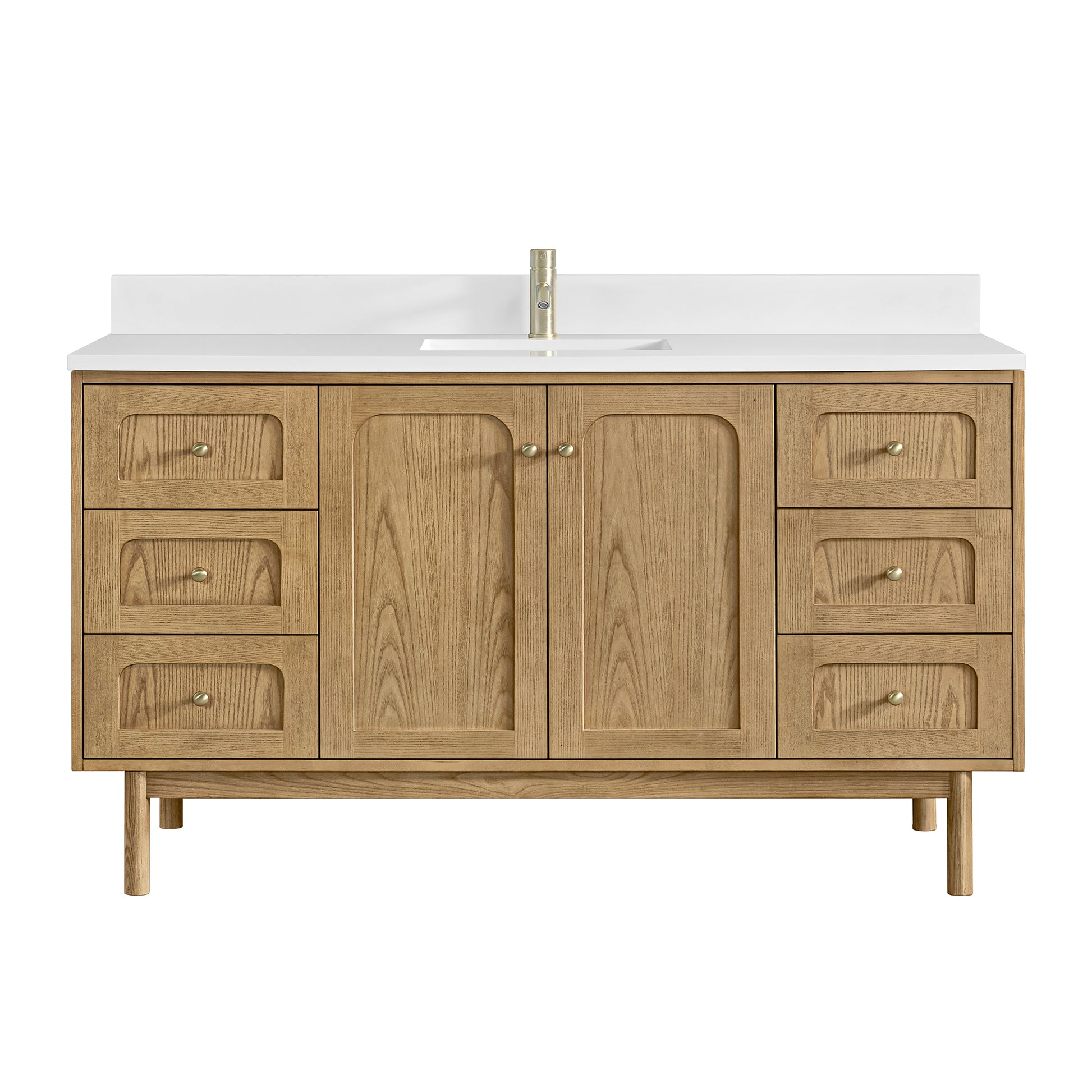 Renovate for Less Atlanta Laurent 60" Single Vanity, Light Natural Oak, w/ Single Hole 3 CM White Zeus Quartz Top & Backsplash