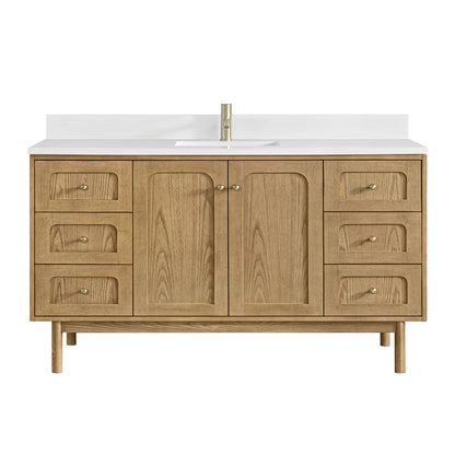 Renovate for Less Atlanta Laurent 60" Single Vanity, Light Natural Oak, w/ Single Hole 3 CM White Zeus Quartz Top & Backsplash