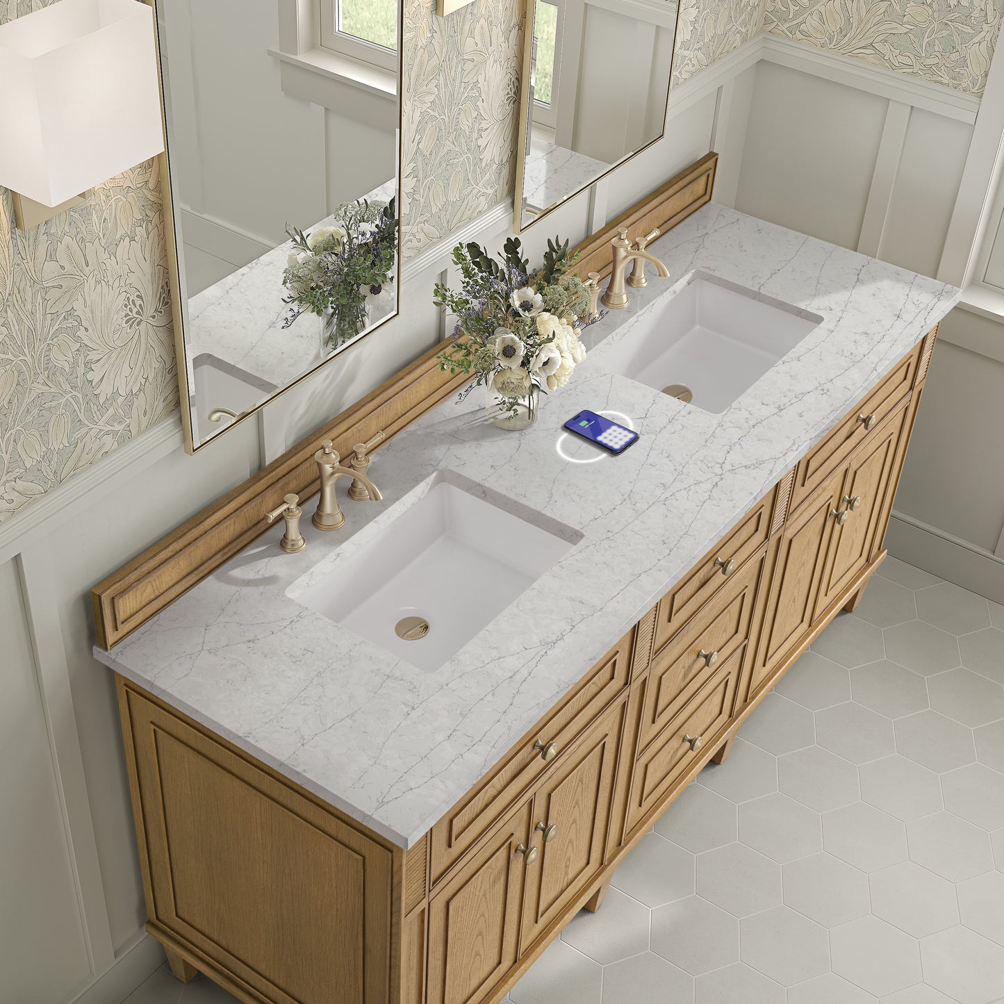 Renovate for Less Atlanta Lorelai 72" Double Vanity, Light Natural Oak w/ 3 CM Eternal Jasmine Pearl Silestone Top w/FreePower Wireless Charger