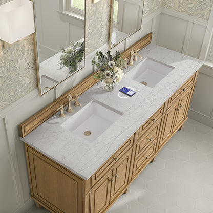Renovate for Less Atlanta Lorelai 72" Double Vanity, Light Natural Oak w/ 3 CM Eternal Jasmine Pearl Silestone Top w/FreePower Wireless Charger
