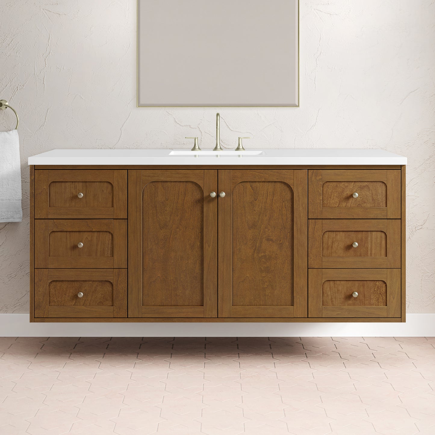 Renovate for Less Atlanta Laurent 60" Single Vanity, Honey Oak w/ 3 CM White Zeus Silestone Top