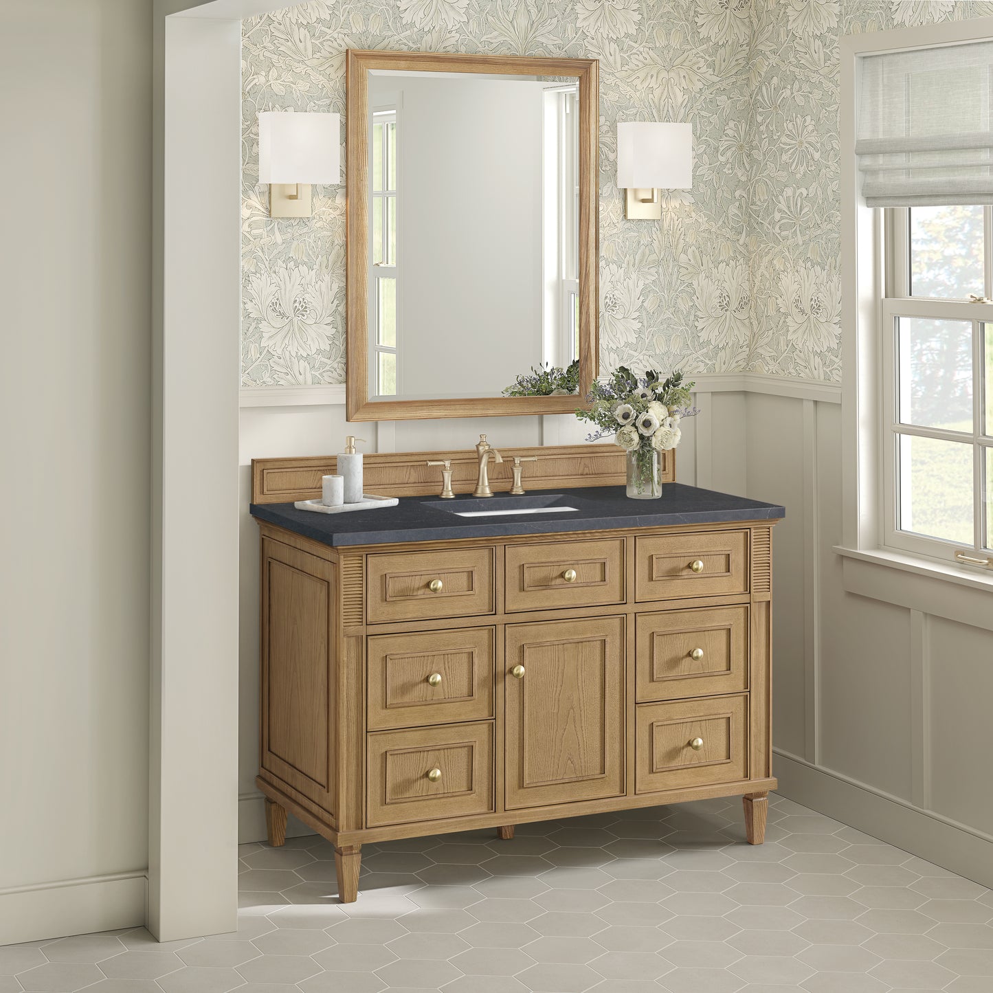 Renovate for Less Atlanta Lorelai 48" Single Vanity, Light Natural Oak w/ 3 CM Charcoal Soapstone Silestone Top