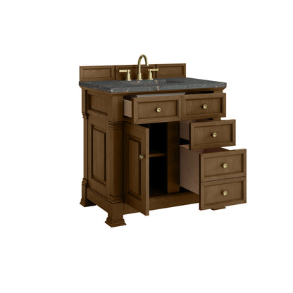 Renovate for Less Atlanta Brookfield 36" Single Vanity, Honey Oak w/ 3 CM Parisien Bleu Silestone Top